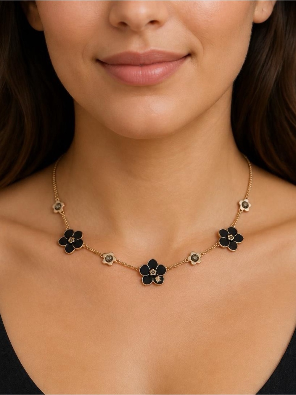 Karl Lagerfeld Paris Gold-Tone Necklace with Black Flower Accents